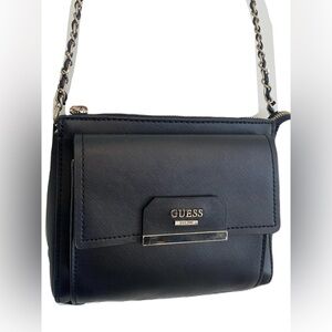 GUESS Cute Small Black Chain Strap Women's Bag Faux Leather Silver Crossbody